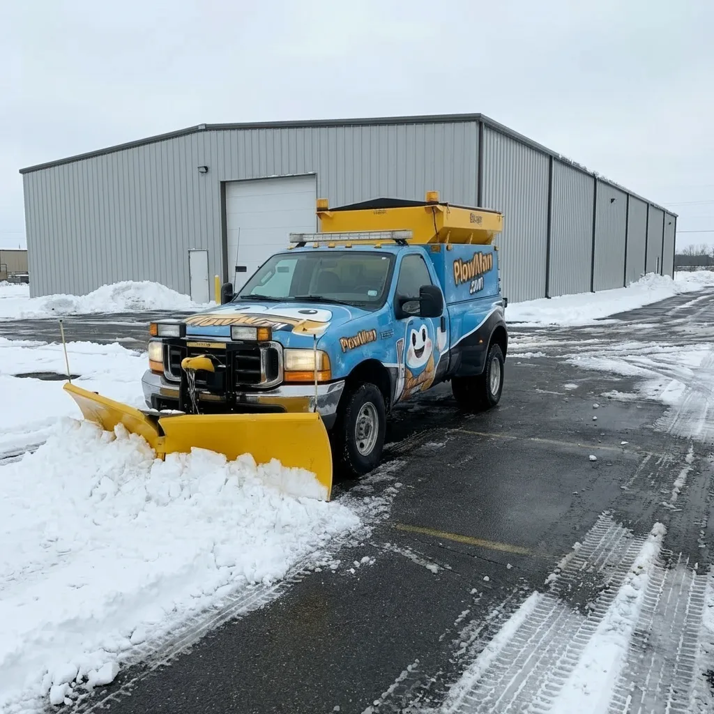 PlowWow branded Ford F-350 snow plow truck with yellow salt spreader parked at the warehouse, ready for priority snow clearing service in BC