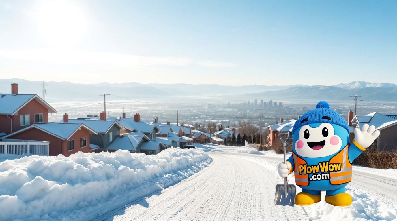 PlowWow Wow mascot alone on a plowed Metro Vancouver hillside street with the North Shore mountains and downtown skyline in the background