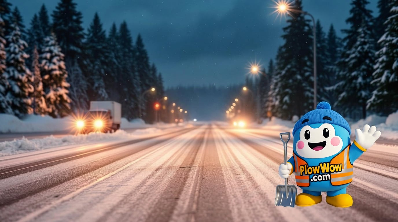 PlowWow mascot at a cleared commercial parking lot illustrating winter service planning