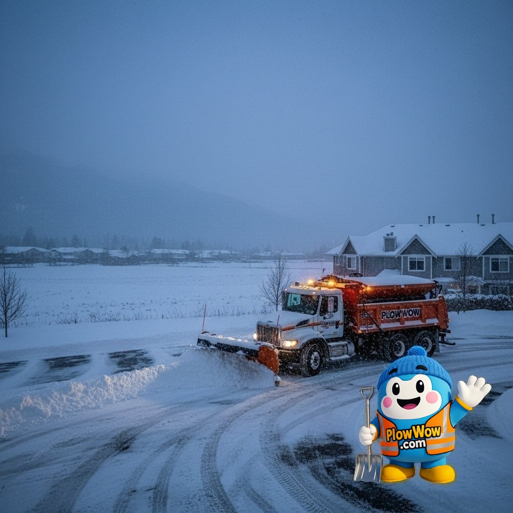 A PlowWow commercial plow truck clearing a Abbotsford strata complex during a heavy winter snowfall event