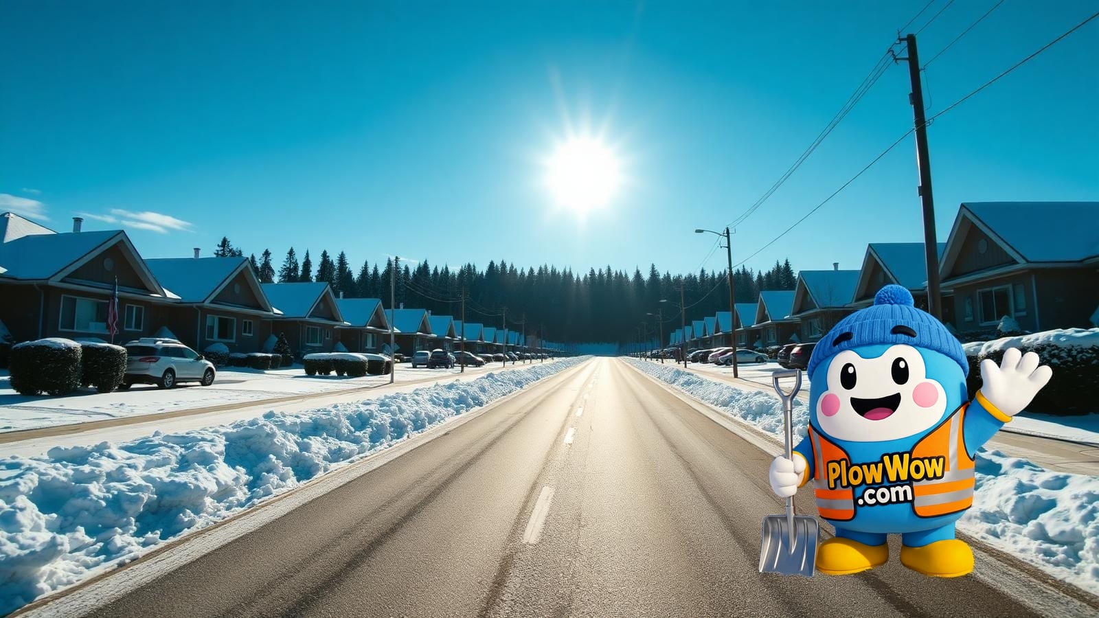 Albion Maple Ridge snow removal — PlowWow mascot waving on a Albion Kanaka Way at blue dawn with plowed townhome complex driveway and snow-dusted Golden Ears bridge in the distance
