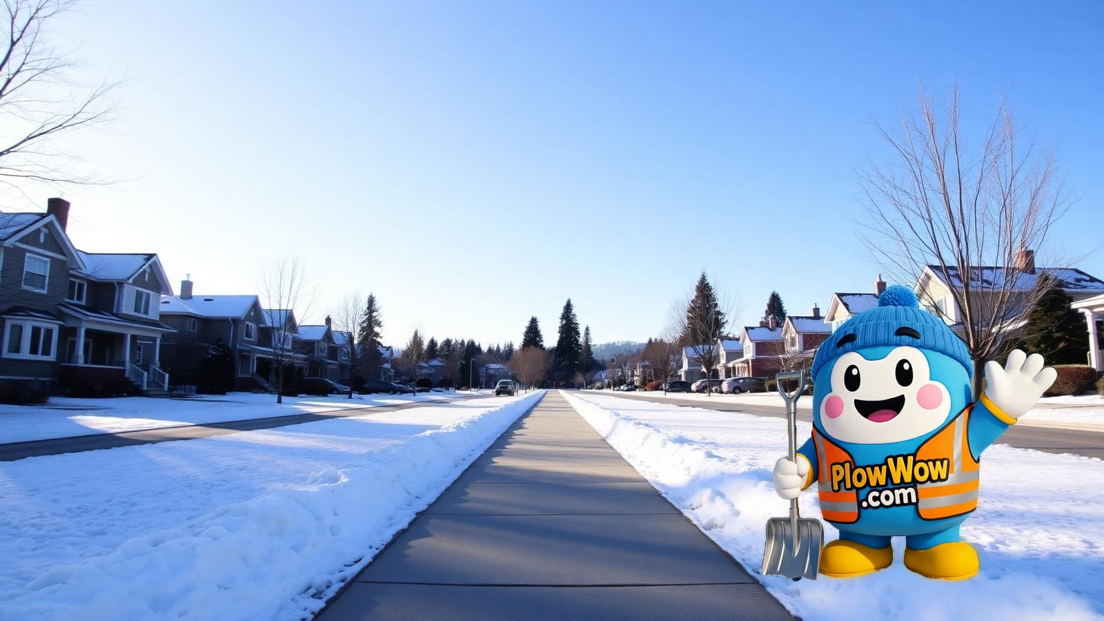 Wow mascot standing alone on a snow-cleared Arbutus Ridge Vancouver tree-lined residential street with heritage character homes, snow-covered lawns and mature evergreens in the background
