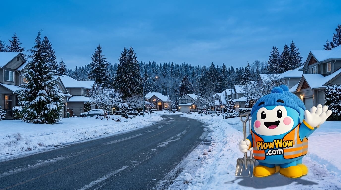 PlowWow mascot waving on a plowed Austin Heights Coquitlam residential street at blue dawn with snow-dusted family homes and Blue Mountain Park treetops behind