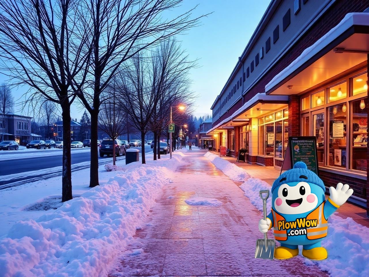 PlowWow crew clearing snow from an Austin Heights Coquitlam strip mall storefront sidewalk at dawn