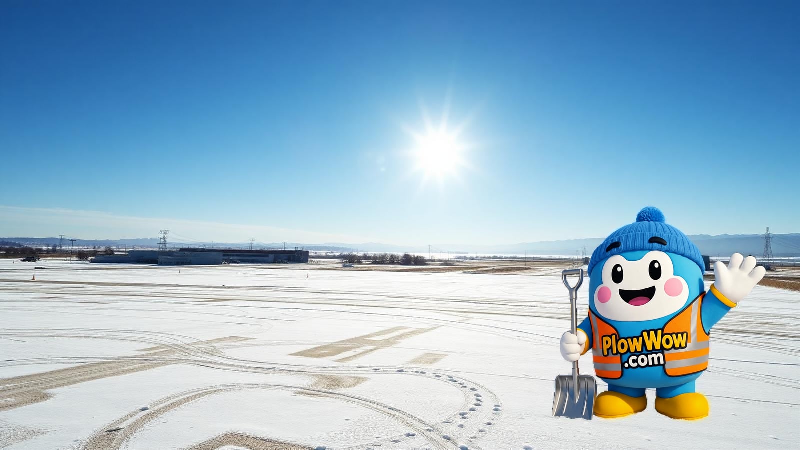 Wow mascot standing alone on a plowed Big Bend Burnaby industrial road with tilt-up warehouses, empty loading yards, and the snow-capped North Shore mountains in the background