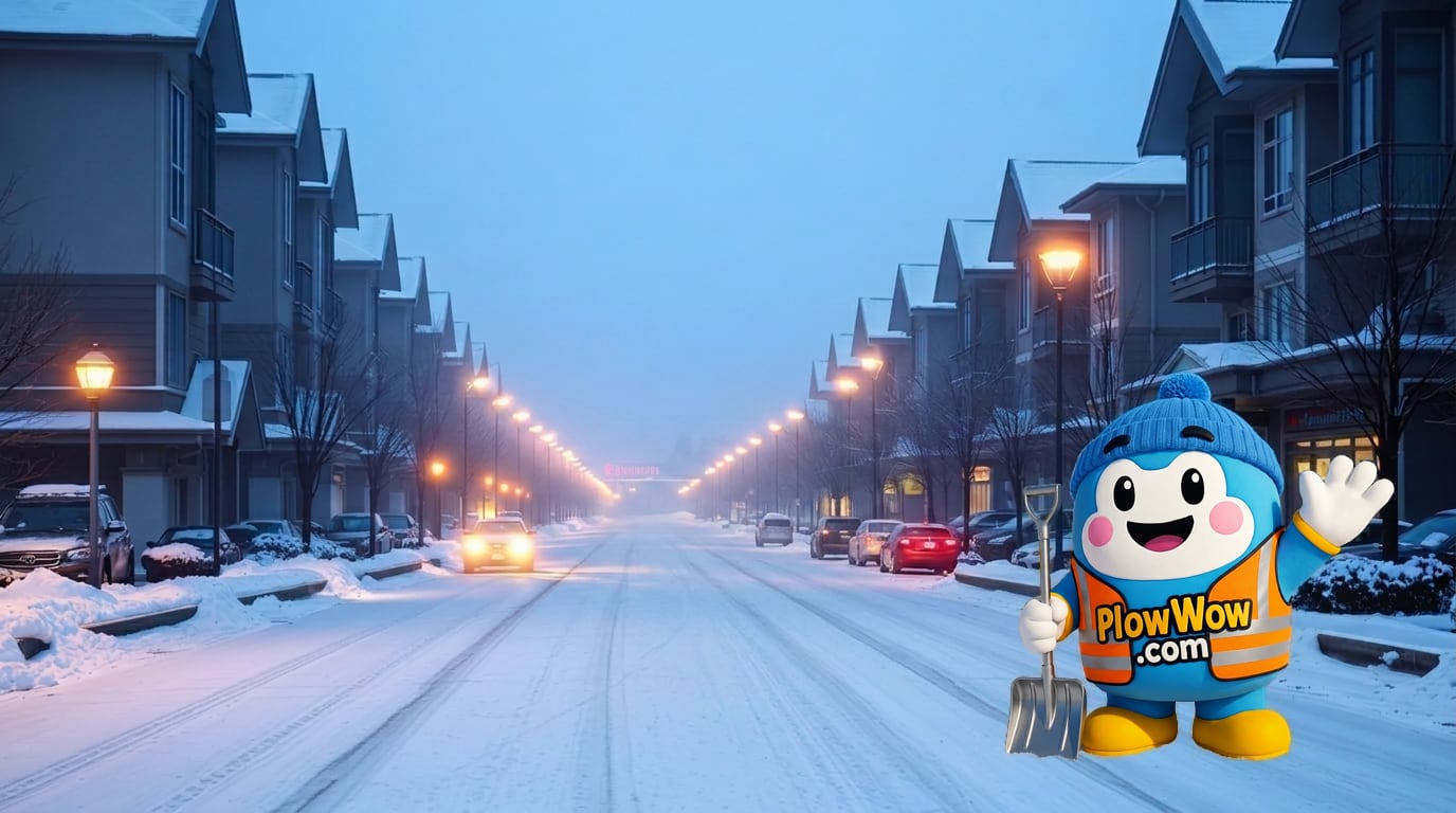 PlowWow mascot waving on a snowy Broadmoor Richmond residential street at blue dawn with local strata townhomes and No. 3 Road and Williams Road in the distance