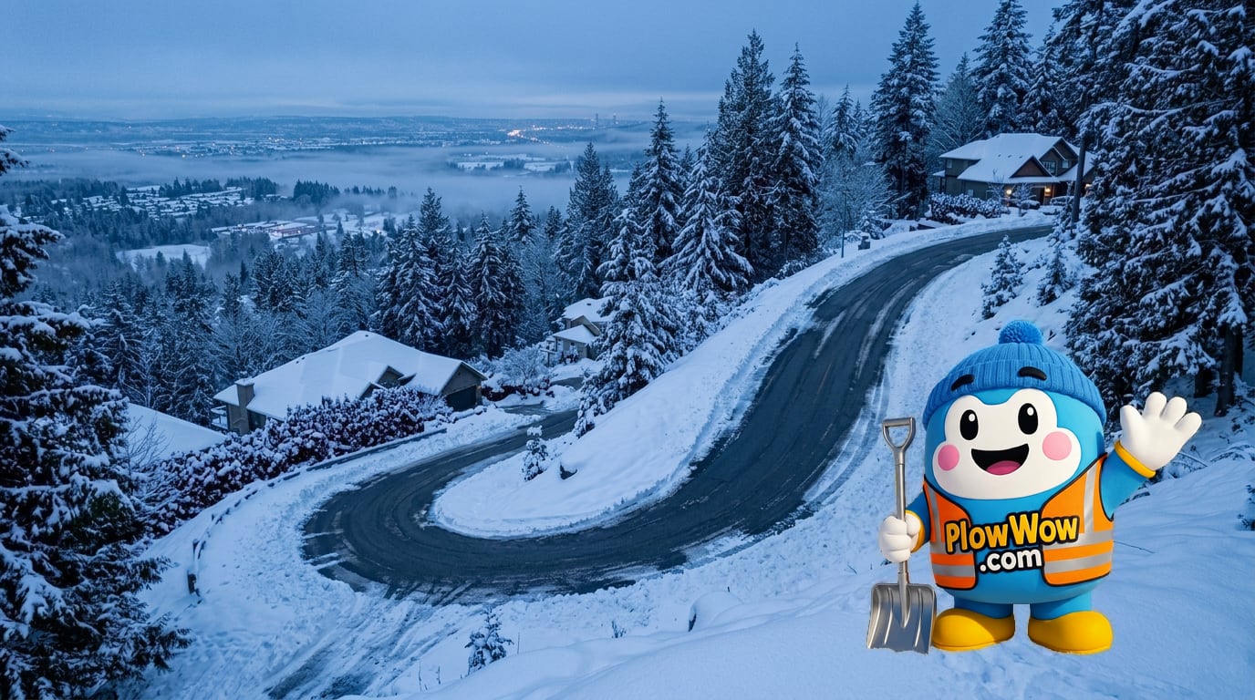 Burke Mountain Coquitlam snow removal — PlowWow mascot waving on a Burke Mountain hillside cul-de-sac at blue dawn with plowed steep driveway, snow-covered pines and Fraser Valley view