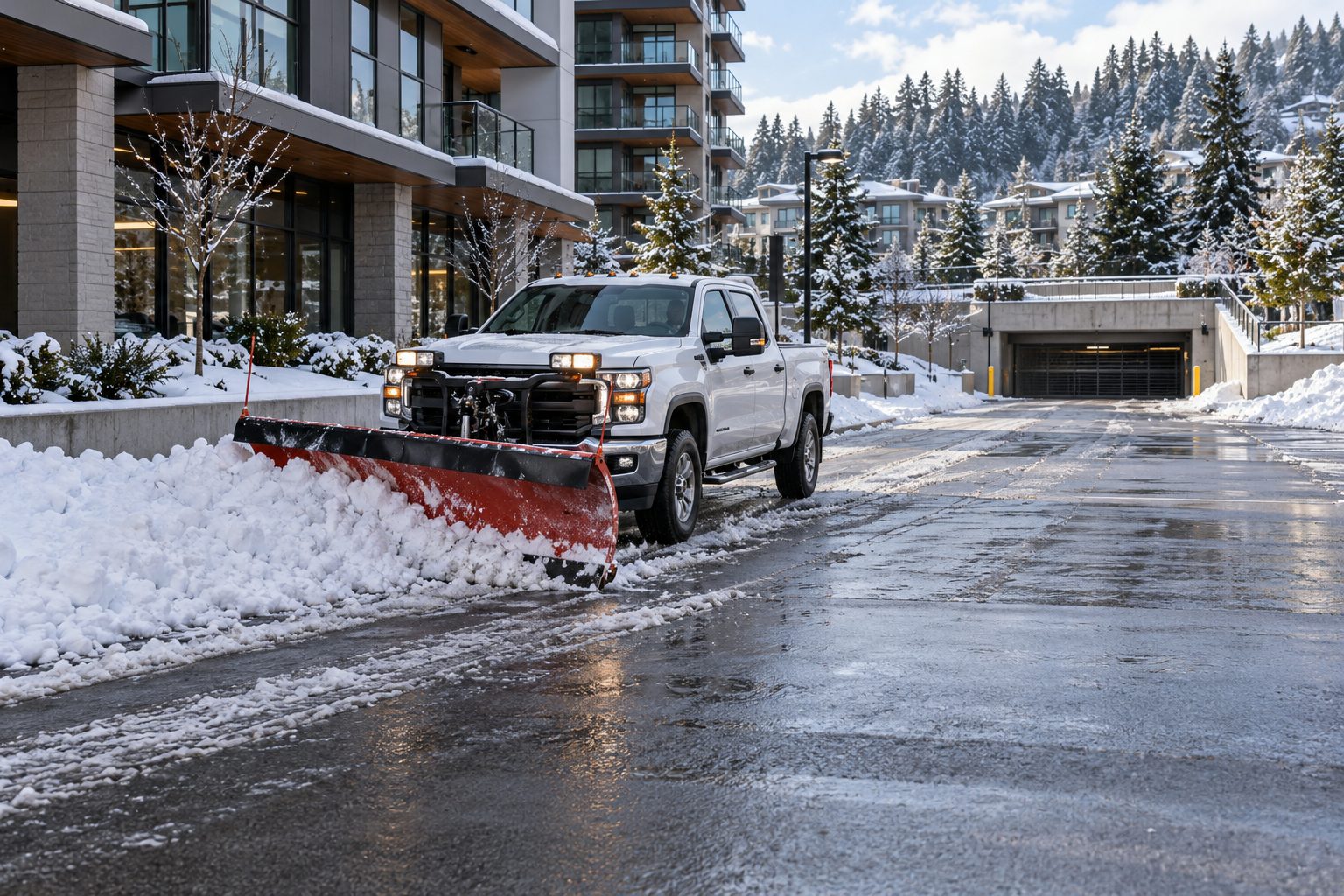 Truck plowing in an open ground-level work zone A pickup with a front snow plow clearing an open ground-level commercial parking court with a separate parkade entrance in the background