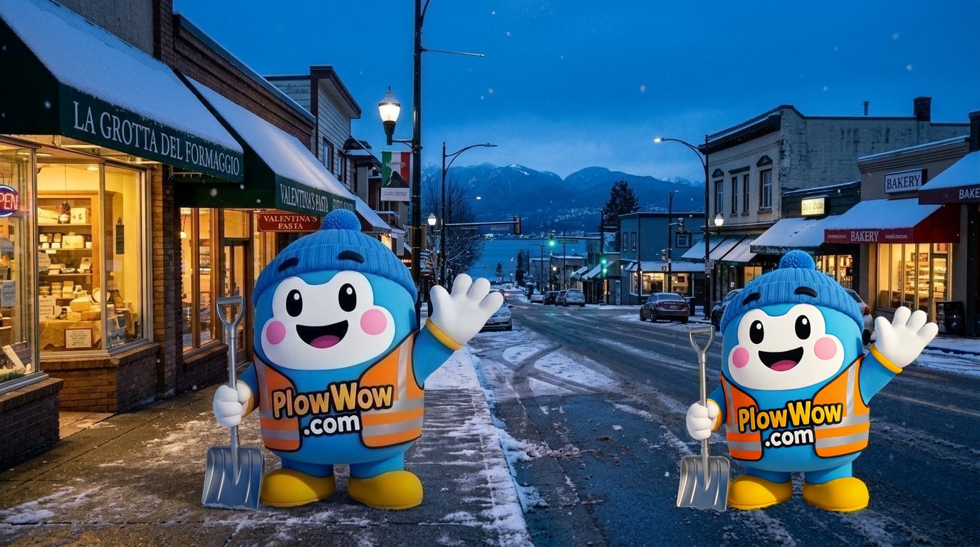 Burnaby Heights snow removal — PlowWow mascot waving on a Hastings Street Heights strip at blue dawn with plowed sidewalks, snow-dusted Italian delis and Burrard Inlet visible north