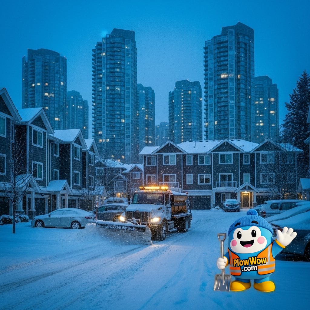 A PlowWow commercial plow truck clearing a Burnaby strata complex during a heavy winter snowfall event