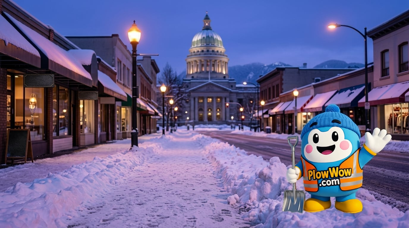 Cambie Village snow removal — PlowWow mascot waving on a Cambie Village at blue dawn with plowed sidewalks, snow-dusted low-rise retail and Vancouver City Hall dome behind