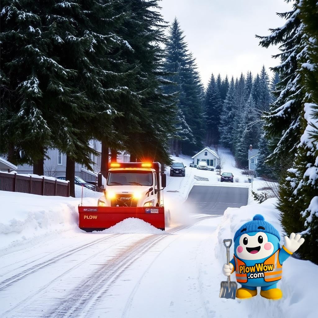 Cariboo Heights Burnaby snow removal — PlowWow plow truck clearing a steep snowy driveway in a residential Cariboo Heights neighborhood with mature trees and a forested park behind