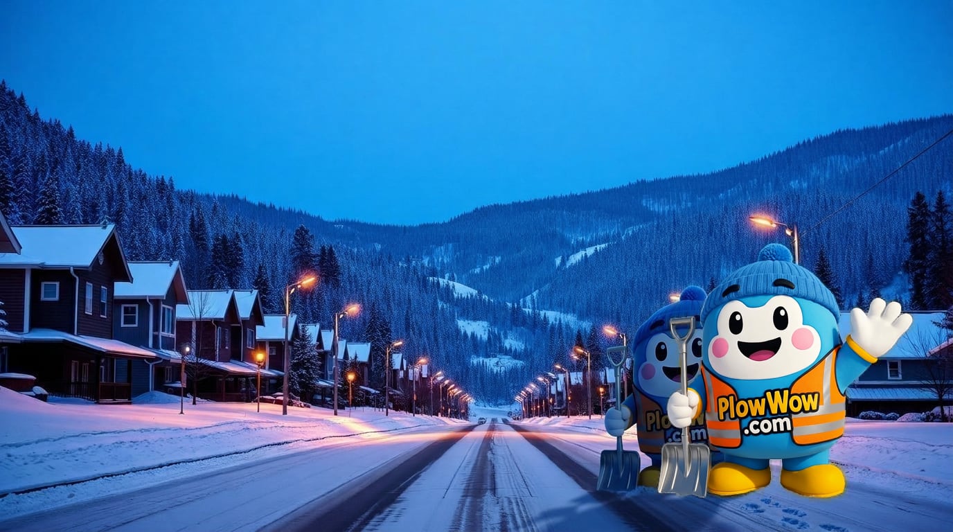 PlowWow mascot waving on a snowy Cedar Valley Mission residential street at blue dawn with local strata townhomes and Cedar Street and Egglestone Avenue in the distance
