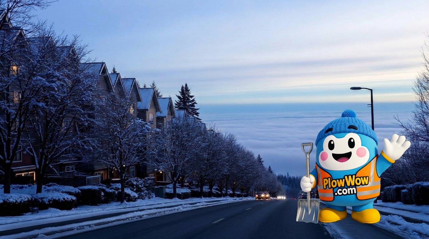 PlowWow mascot waving on a snowy Champlain Heights Vancouver residential street at blue dawn with local strata townhomes and SE Marine Drive and Kerr Street in the distance