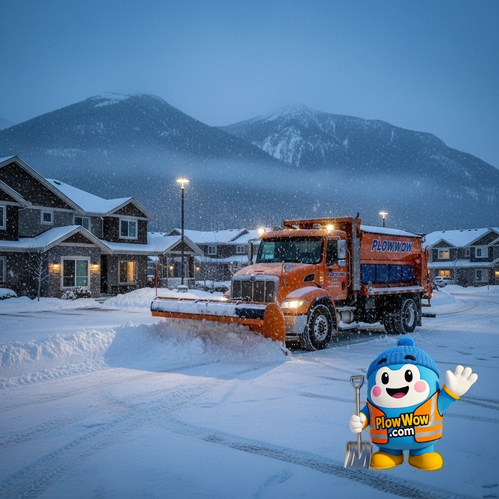 A plowwow.com commercial plow truck clearing an internal roadway of a large townhome strata complex in Chilliwack, BC during a heavy arctic outflow snowfall event