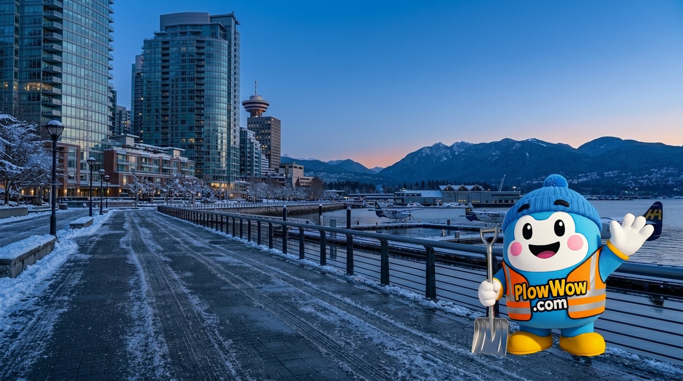 Coal Harbour Vancouver snow removal — PlowWow mascot waving on a plowed waterfront promenade at blue dawn with luxury glass towers, seaplanes at Harbour Air, and snow-capped North Shore mountains
