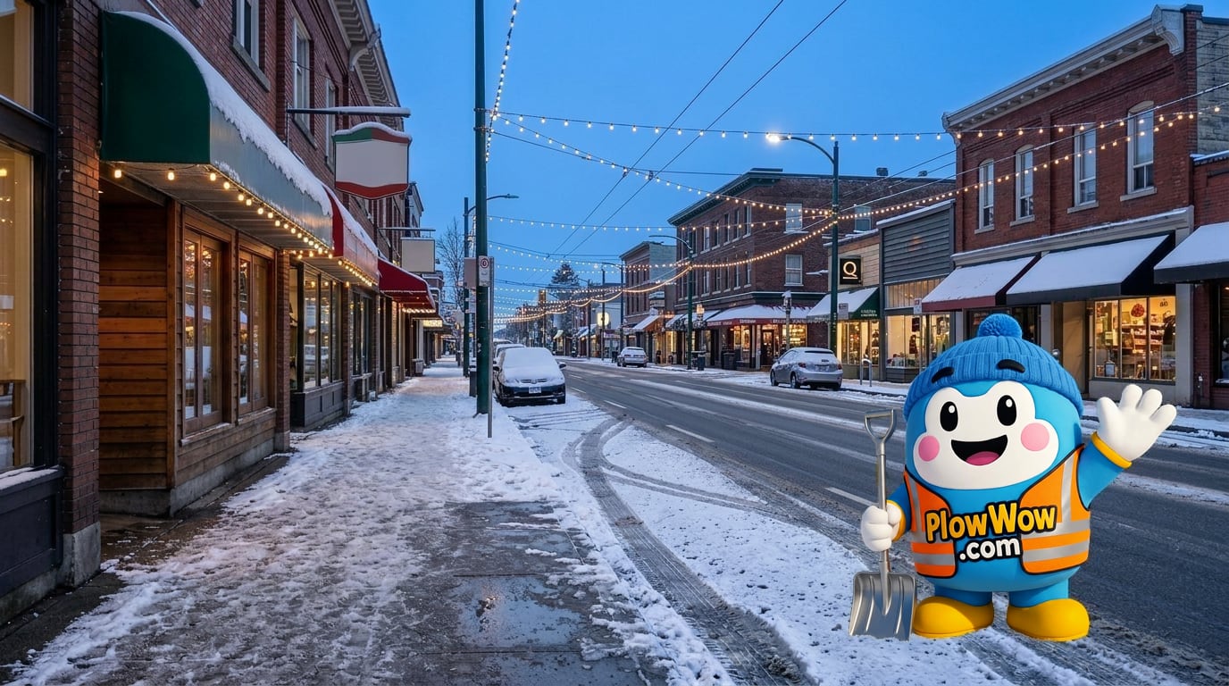 Commercial Drive Vancouver snow removal — PlowWow mascot waving on a plowed Drive at blue dawn with snow-dusted Italian cafes, indie storefronts and string lights across the snowy street