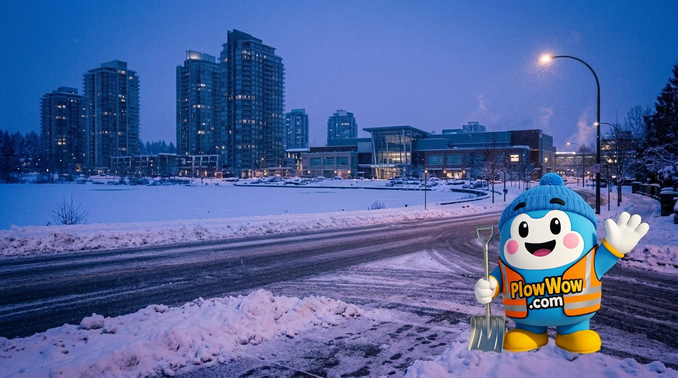 Coquitlam Centre snow removal — PlowWow mascot waving on a Coquitlam Centre plaza at blue dawn with plowed Pinetree Way, snow-covered Lafarge Lake and glass strata towers