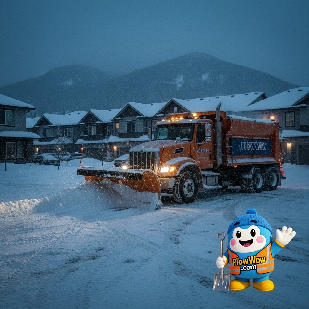 A PlowWow commercial plow truck clearing a Coquitlam strata complex during a heavy winter snowfall event