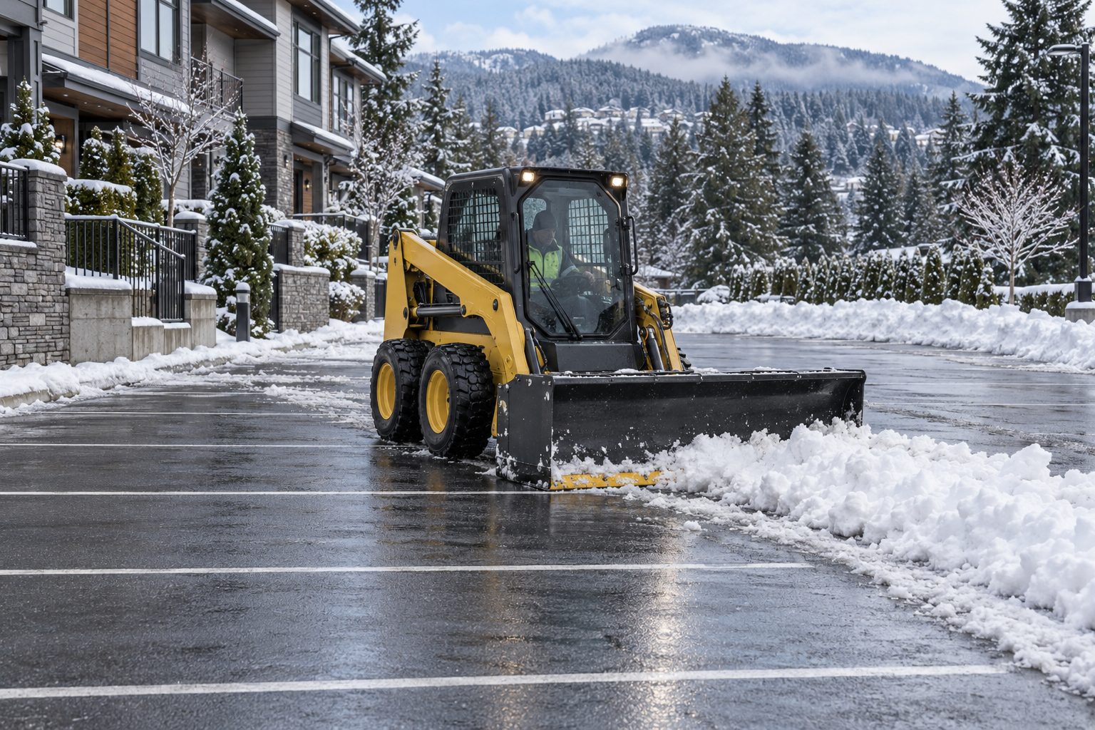 Compact equipment working in released parking stalls A wheeled compact skid-steer loader with a snow attachment working in a vacant row of parking stalls beside imagined West Coast townhouses