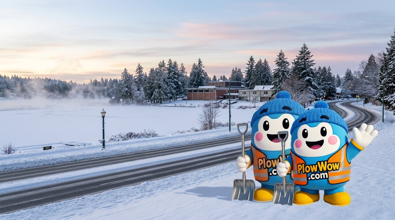 PlowWow mascot waving beside a plowed Deer Lake Burnaby street at blue dawn, snow-dusted trees and Burnaby landmarks in the background — Deer Lake Burnaby snow removal