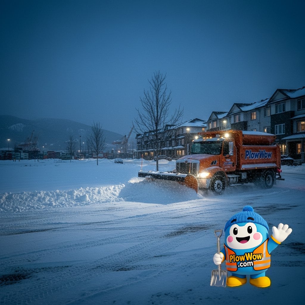 A PlowWow commercial plow truck clearing a Delta strata complex during a heavy winter snowfall event