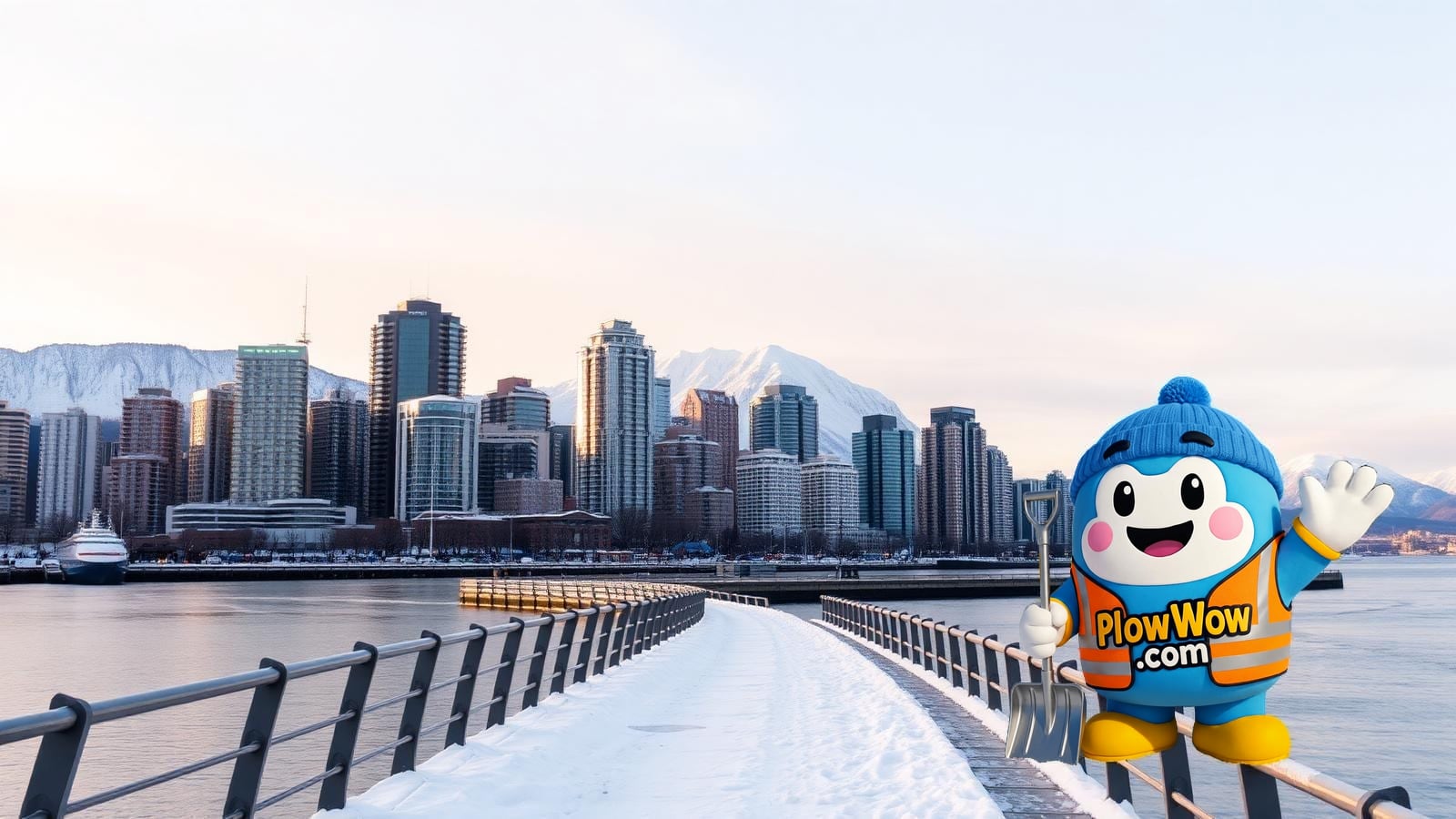 Snowy Vancouver skyline with the PlowWow mascot waving at blue dawn, English Bay in mid-ground and snow-capped North Shore mountains behind