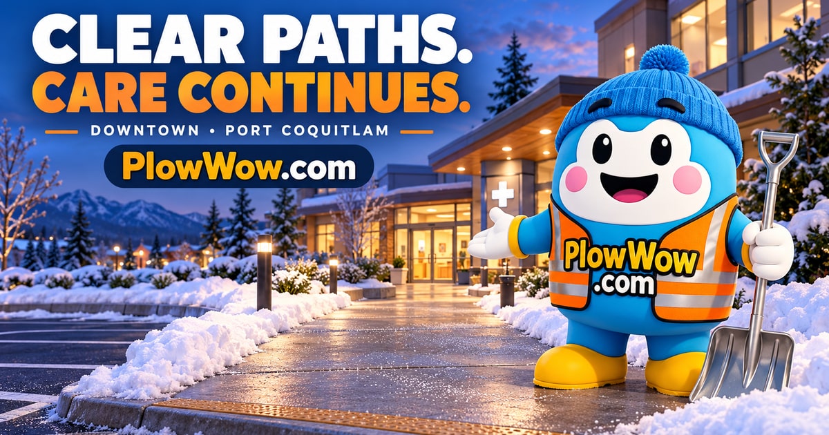Wow, the PlowWow mascot, indicating an imagined cleared medical-office walkway, with the words Clear paths. Care continues. Downtown, Port Coquitlam.