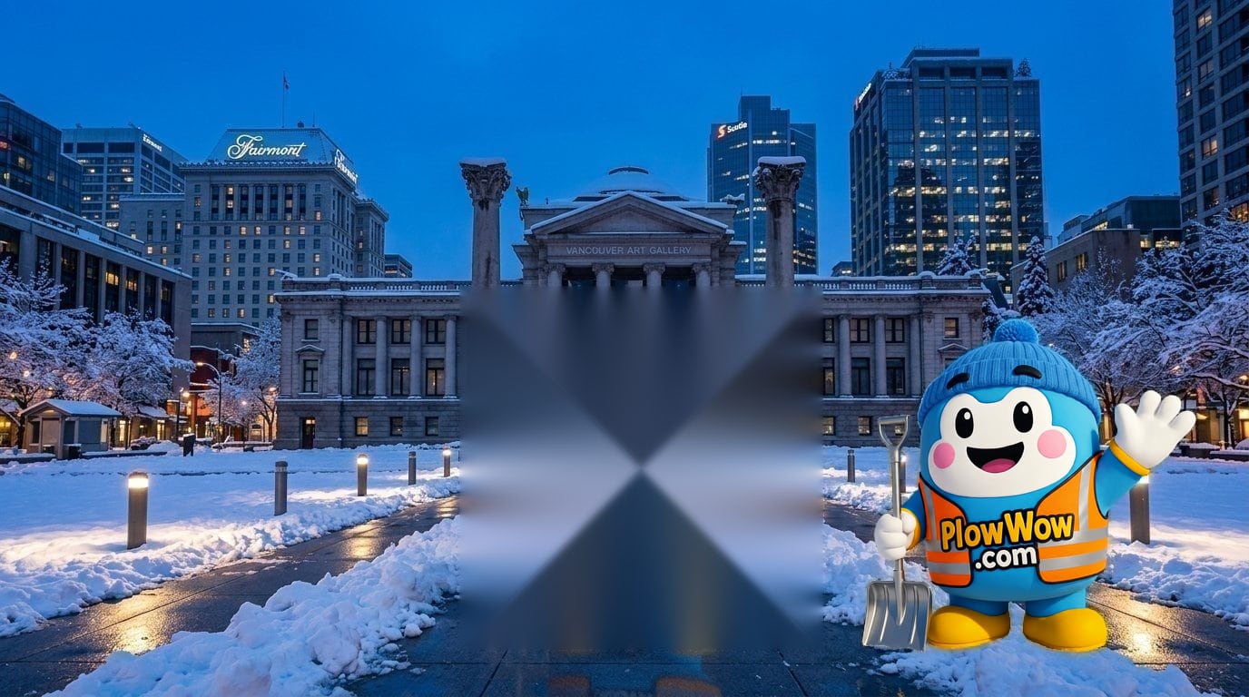 Downtown Vancouver snow removal — PlowWow mascot waving on a Robson Square at blue dawn with plowed sidewalks, snow-dusted downtown towers and Vancouver Art Gallery columns