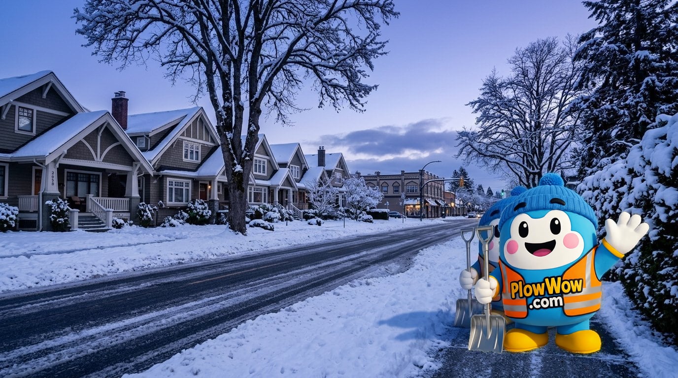 PlowWow husky mascot waving on a salted Dunbar Vancouver residential street at blue dawn with character craftsman homes and West 41st Avenue storefronts in the distance