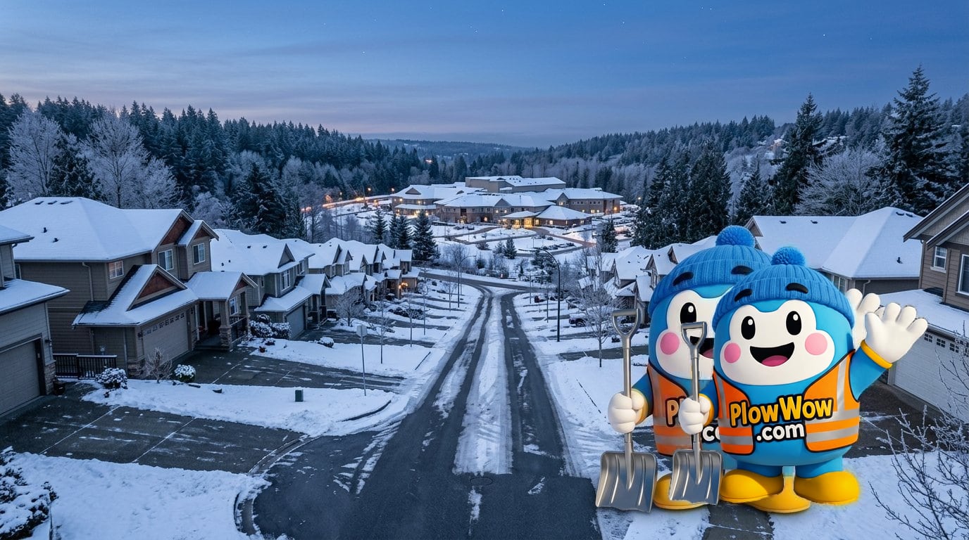 Eagle Ridge Coquitlam snow removal — PlowWow mascot waving on a Eagle Ridge Coquitlam cul-de-sac at blue dawn with plowed hillside strata driveway and snow-dusted Eagle Ridge Hospital in the valley