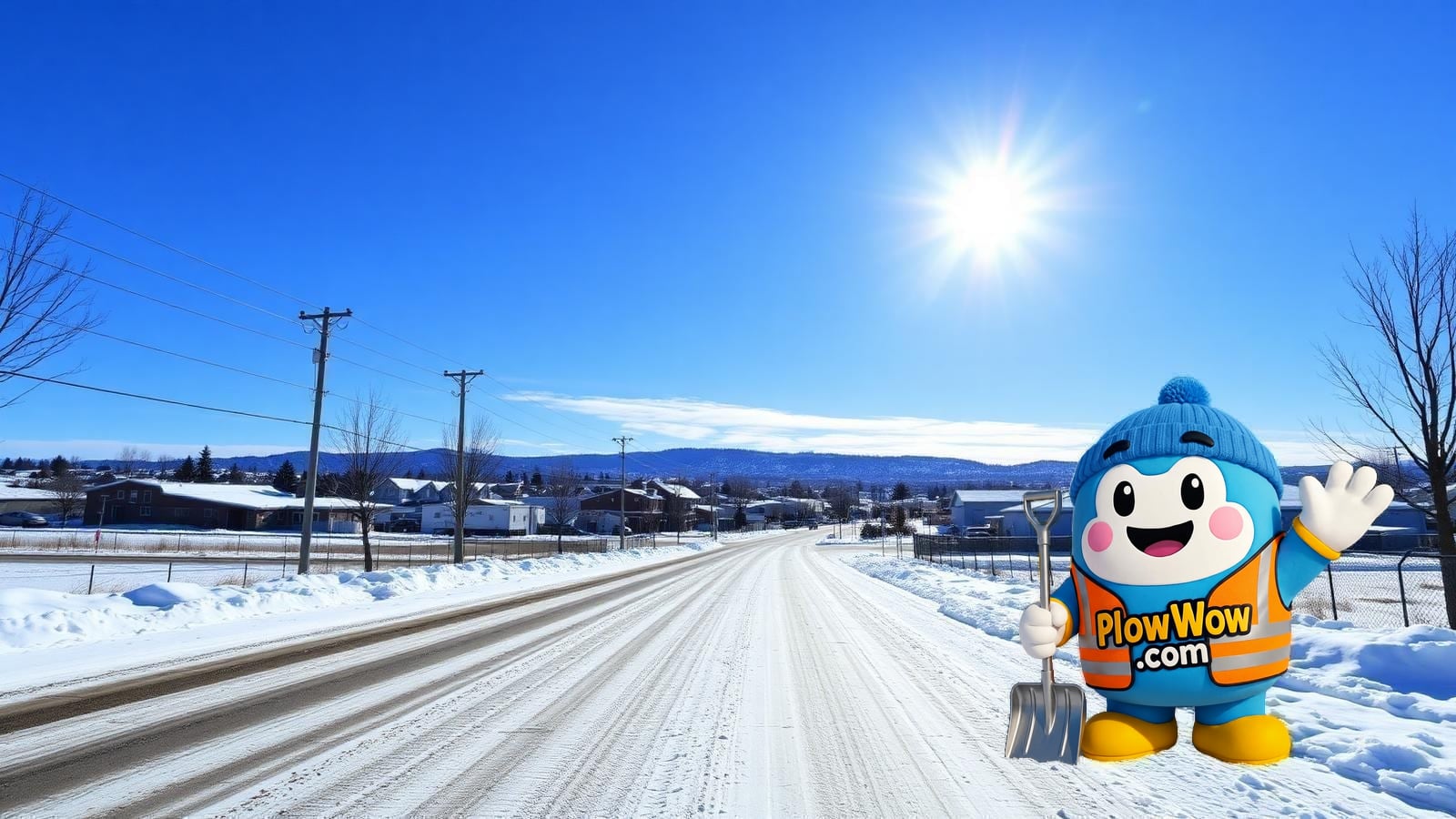 Wow mascot standing alone on a plowed East Cambie Richmond commercial road with light-industrial warehouses and low-rise townhome complexes and cleared parking lots in the background