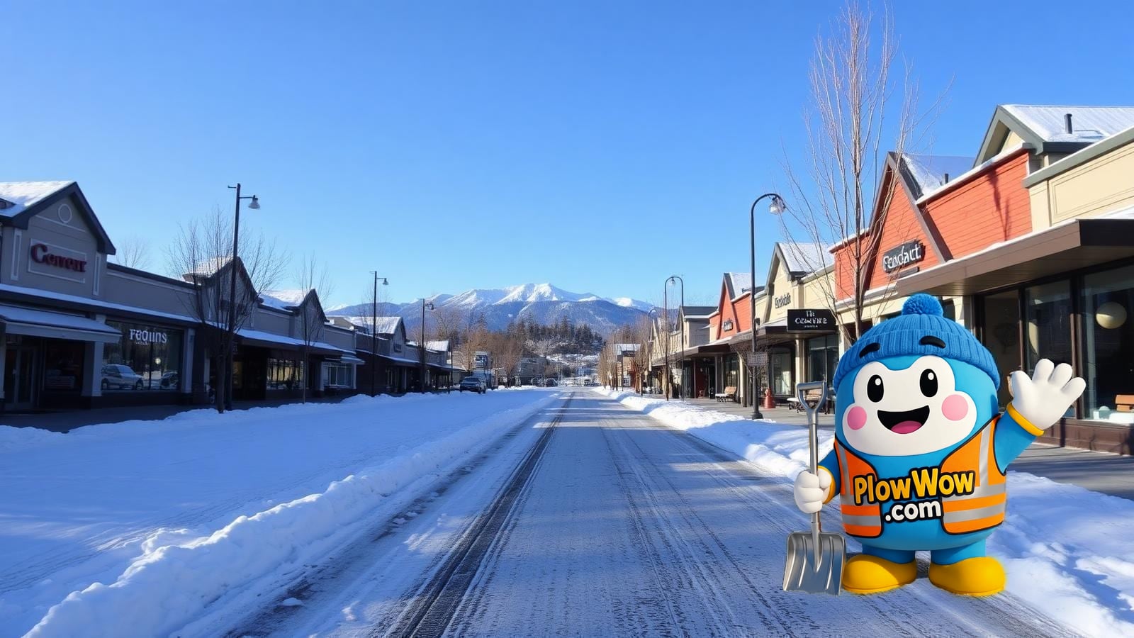 Edgemont Village North Vancouver snow removal — PlowWow mascot waving on a plowed Edgemont Boulevard sidewalk with snow-covered shops and the North Shore mountains at blue-hour dawn
