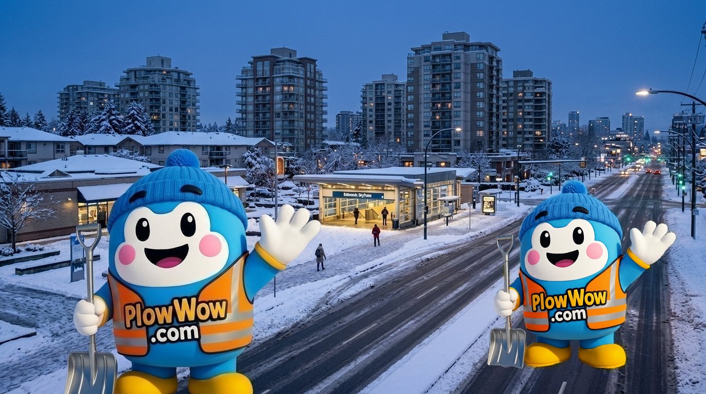 Edmonds Burnaby snow removal — PlowWow mascot waving on a Edmonds SkyTrain plaza at blue dawn with snow-dusted mid-rise strata towers and a plowed Kingsway corridor