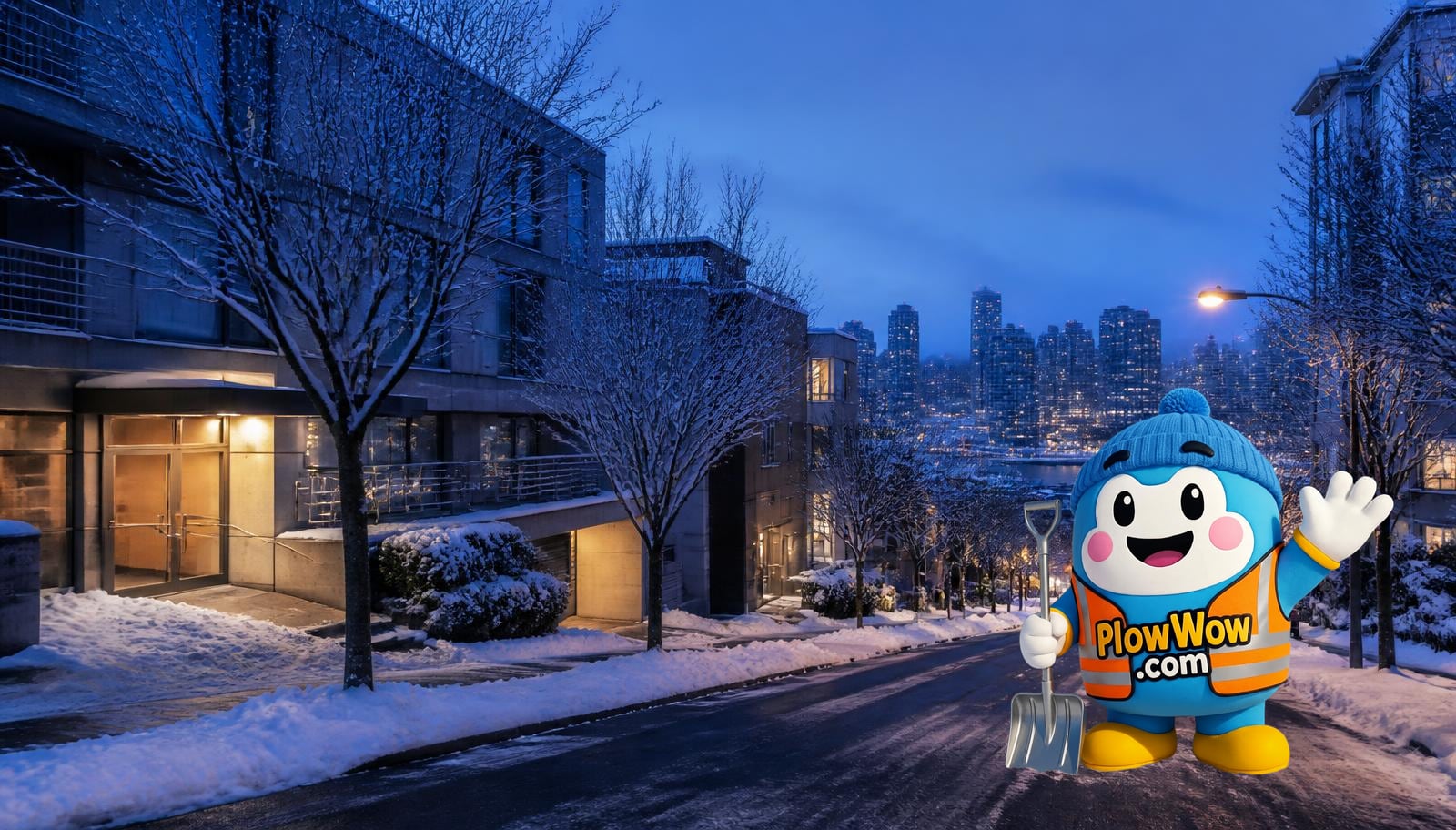 PlowWow mascot in a winter illustration of a sloping Vancouver residential street