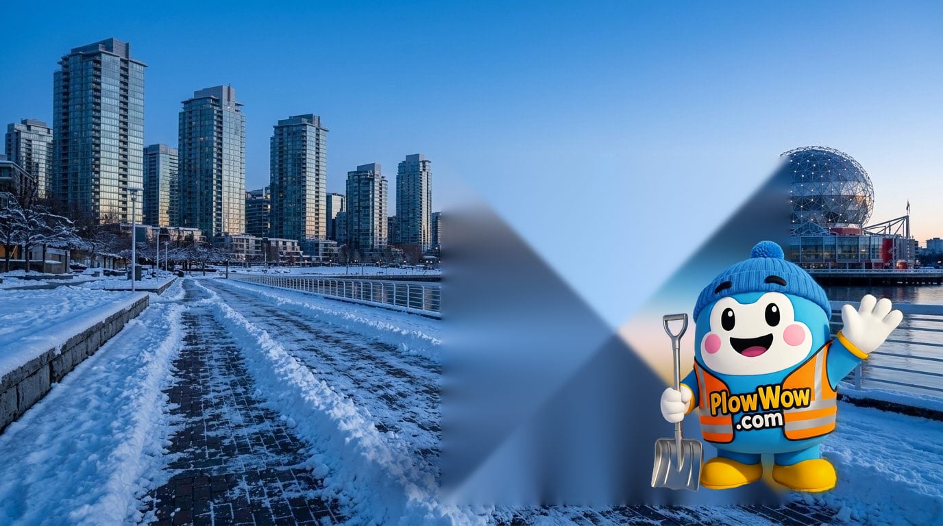 False Creek Vancouver snow removal — PlowWow mascot waving on a Olympic Village plaza at blue dawn with plowed seawall, snow-dusted glass strata towers and Science World geodesic dome