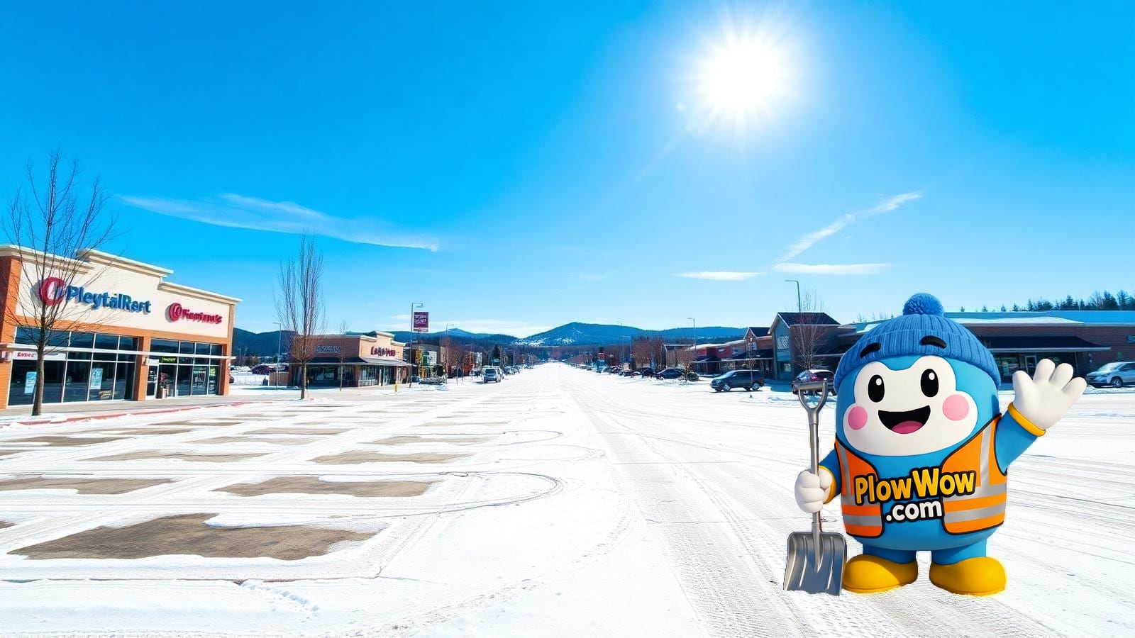 Fleetwood Surrey snow removal — PlowWow mascot waving beside a plowed Fraser Highway strip-mall parking lot with salted sidewalks and snow-dusted evergreens at blue-hour dawn