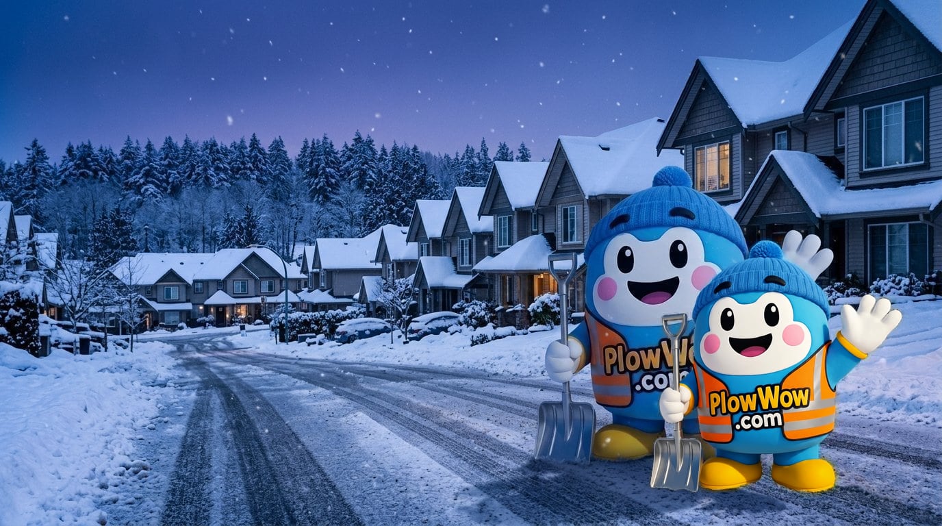 Fraserview Vancouver snow removal — PlowWow mascot waving on a sloped Fraserview residential street with townhomes, freshly plowed pavement and the Fraserview Golf Course tree line in the distance at cold blue dawn