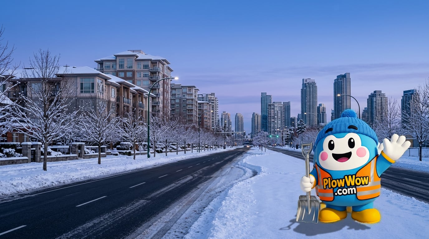 PlowWow mascot waving on a plowed Garden City Road in Richmond at blue dawn with snow-dusted mid-rise strata towers, boulevard trees and No. 3 Road skyline behind
