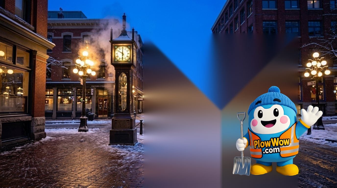 Gastown Vancouver snow removal — PlowWow mascot waving on a Water Street cobblestones at blue dawn with the steam clock, plowed sidewalks and snow-dusted heritage brick storefronts