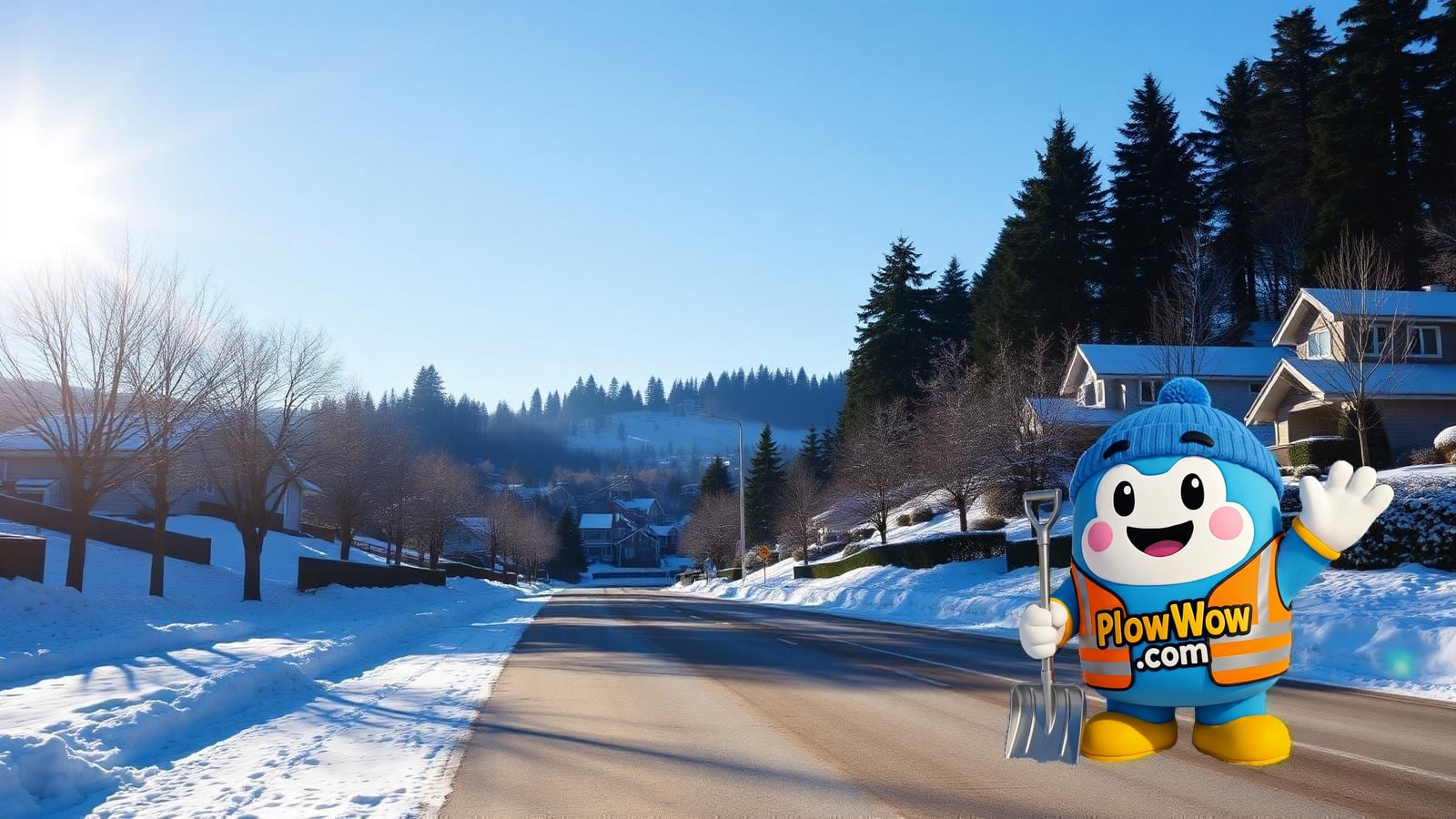 Wow mascot standing alone on a plowed Government Road Burnaby forest-lined residential street with tall Douglas fir and cedar trees and snow-covered lots in the background