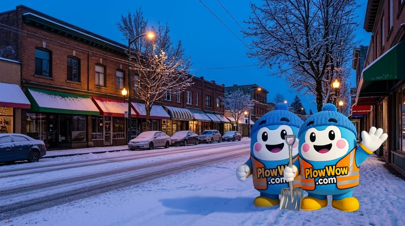 PlowWow mascot waving beside a plowed Grandview-Woodland Vancouver street at blue dawn, snow-dusted trees and Vancouver landmarks in the background — Grandview-Woodland Vancouver snow removal