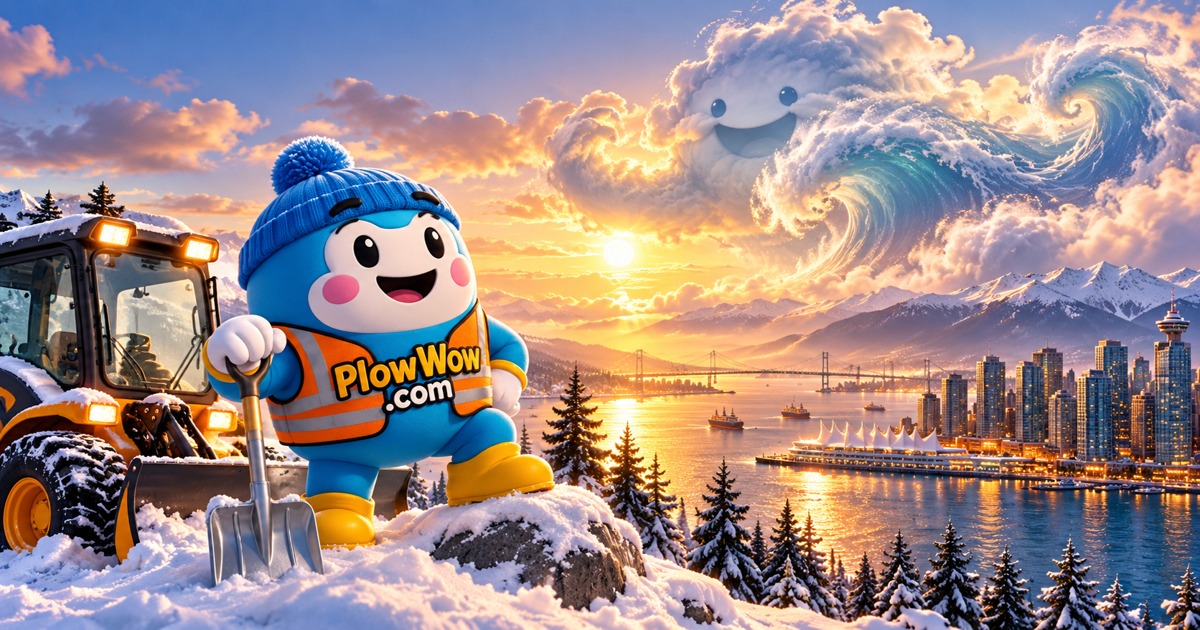 The approved PlowWow Wow mascot in an original illustrated coastal winter scene