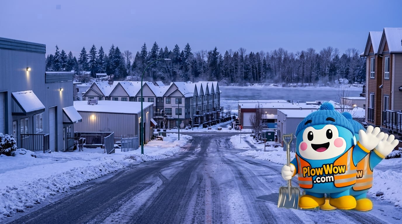 PlowWow mascot standing on a plowed Hamilton Richmond street at blue dawn with snow-dusted low-rise warehouses, townhomes and the Fraser River treeline behind