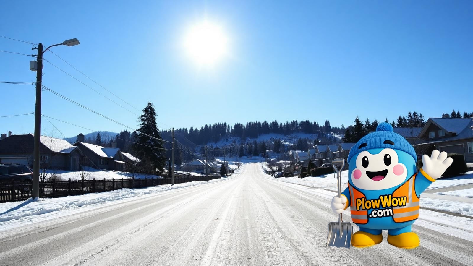 Wow mascot standing alone on a plowed Harbour Chines Coquitlam hillside residential street with mid-century split-level homes and tall evergreens in the background