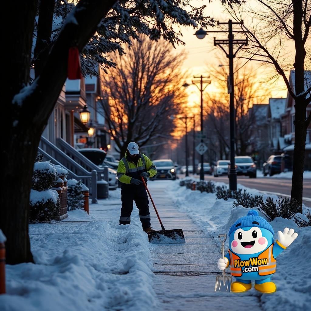 Hastings-Sunrise East Vancouver snow removal — PlowWow worker shoveling and salting a snow-covered character home sidewalk on a tree-lined East Hastings residential street at dawn