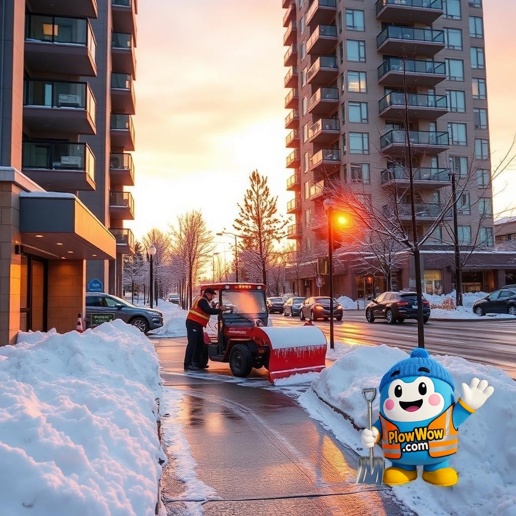 Highgate Burnaby strata snow removal — PlowWow crew salting a snow-covered high-rise strata entrance and sidewalk along Kingsway in south Burnaby at sunrise