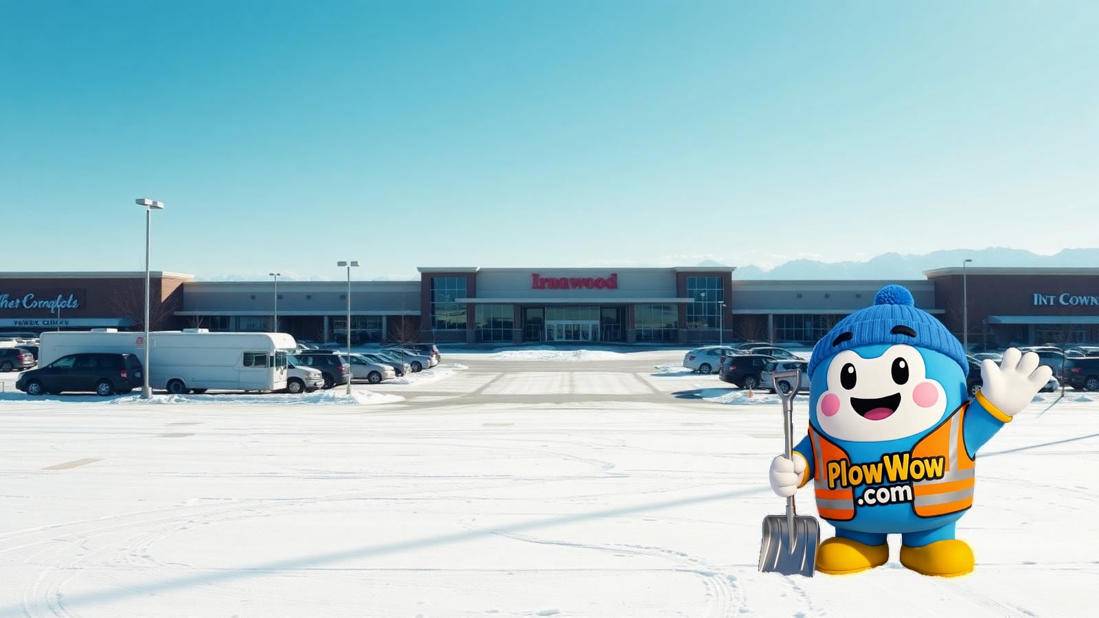 Wow mascot standing alone in a freshly plowed Ironwood Richmond big-box retail parking lot with the Ironwood Plaza storefront and empty snow-cleared drive lanes in the background