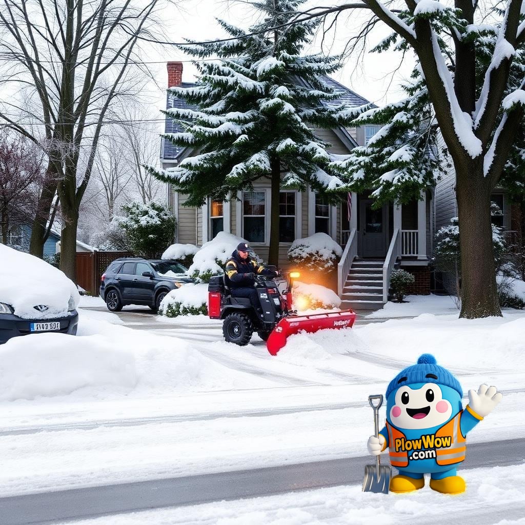 Kensington-Cedar Cottage East Vancouver snow removal — PlowWow operator clearing a snow-covered driveway and front walk of a Vancouver character home on a quiet tree-lined residential street
