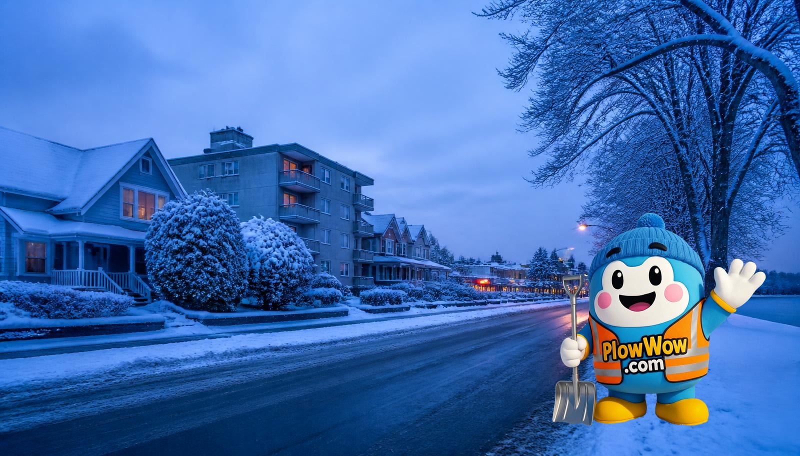 PlowWow mascot waving on a plowed Kensington-Cedar Cottage street in Vancouver at blue dawn with character homes, snow-covered Trout Lake trees and Kingsway storefronts behind